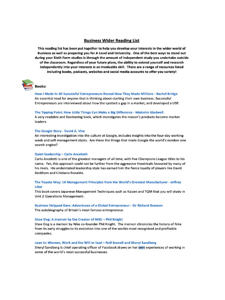 Business Wider Reading For Business A Level 2 | PDF