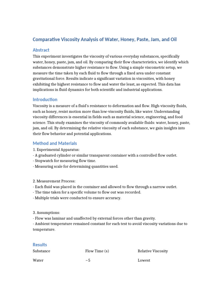 Viscosity Comparison: Water, Honey, Oil, Jam | PDF | Viscosity | Fluid ...