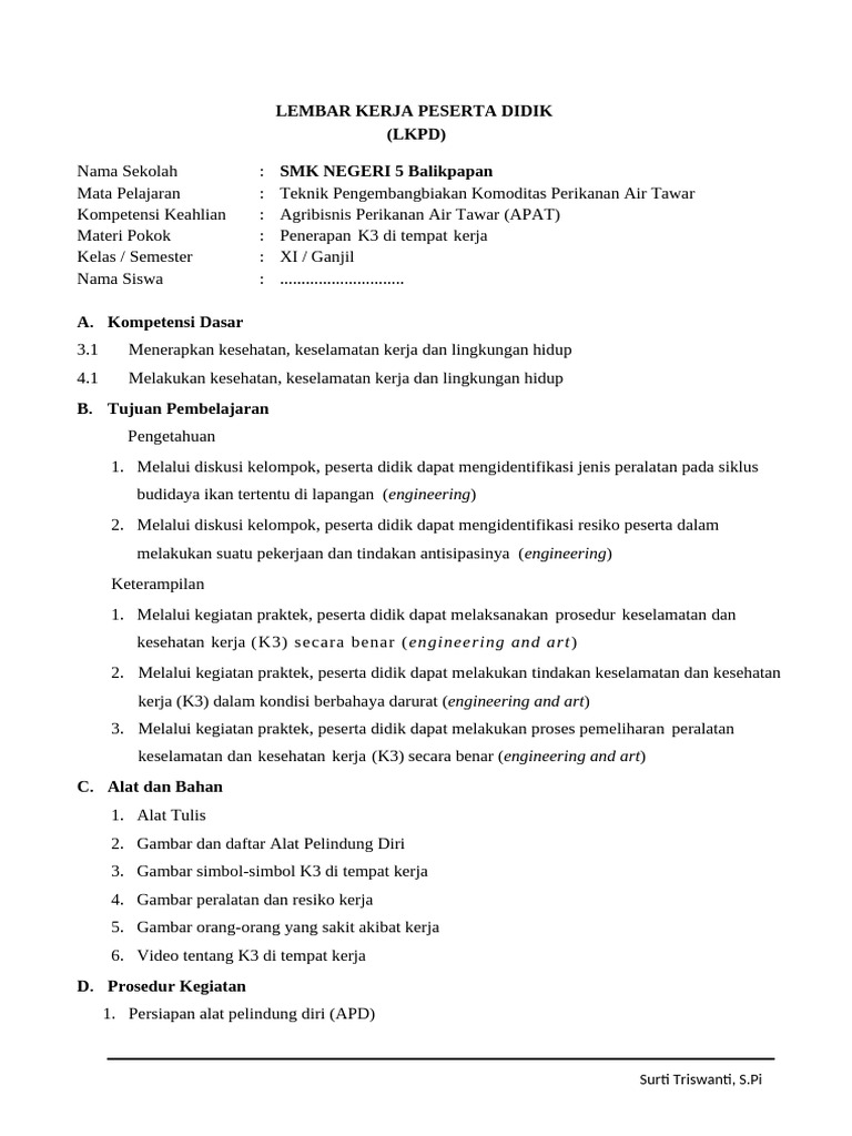 LKPD K3 untuk Agribisnis Perikanan | PDF | Kesehatan Holistik | Sains ...