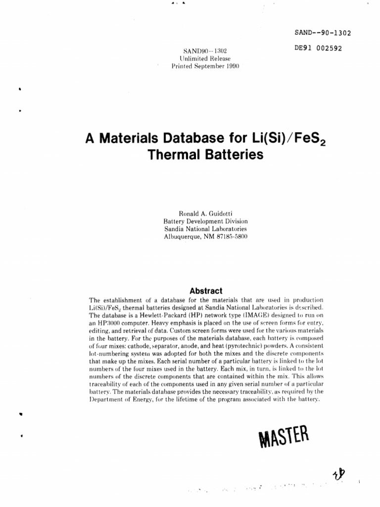 A Materials Database For Li (Si) - FeS2 Thermal Batteries | PDF ...