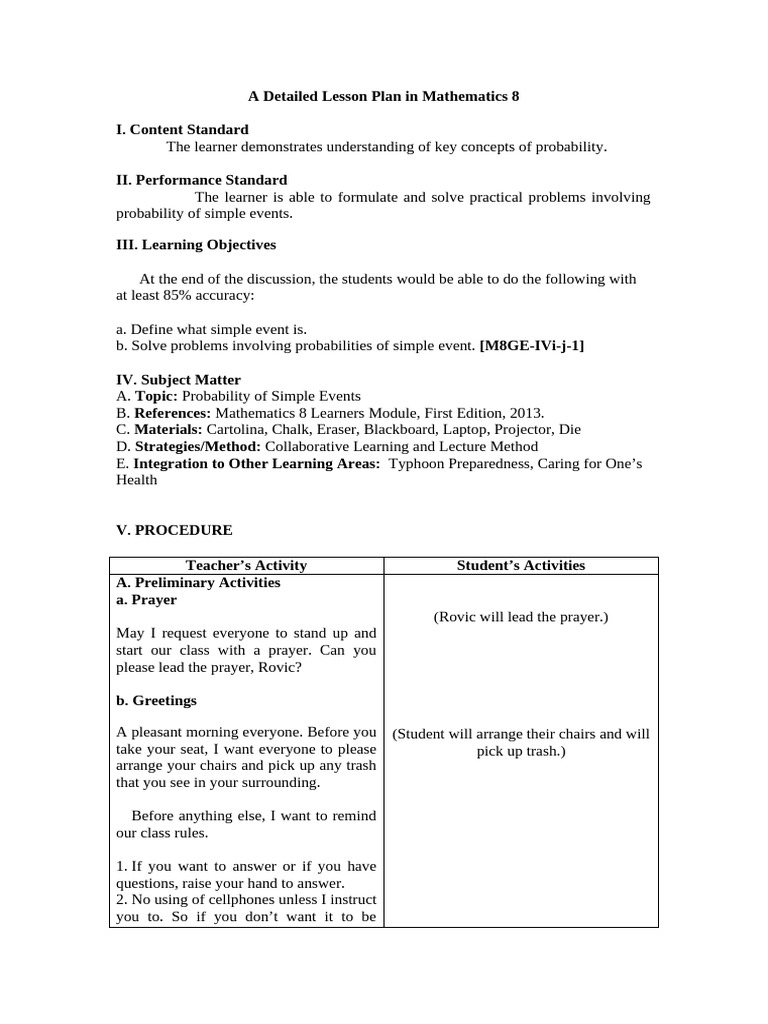 A Detailed Lesson Plan in Mathematics 8 | PDF | Learning | Odds