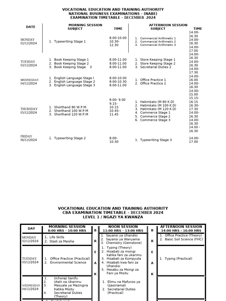 CBA Exam Timetable December 2024 | PDF | Science