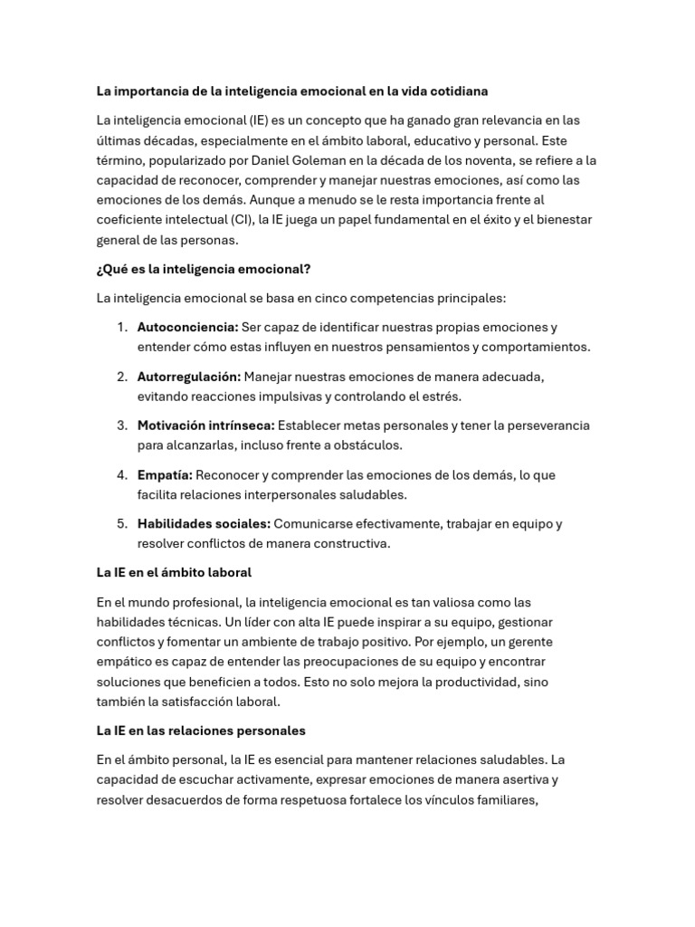 La Importancia de La Inteligencia Emocional en La Vida Cotidiana | PDF ...