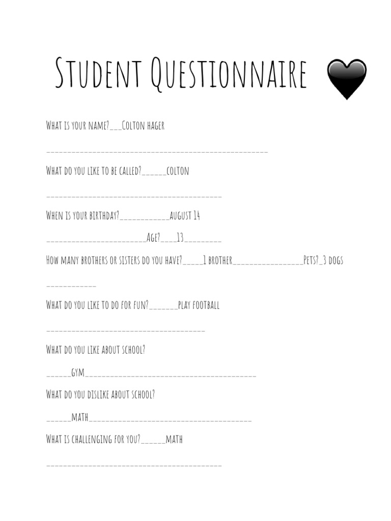 Copy of Student Questionnaire Colton | PDF | Sports & Recreation | Self ...