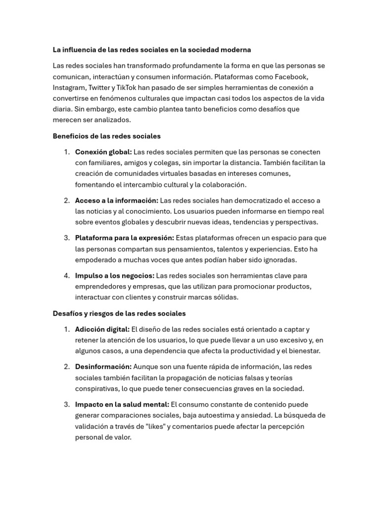 La Influencia de Las Redes Sociales en La Sociedad Moderna | PDF ...