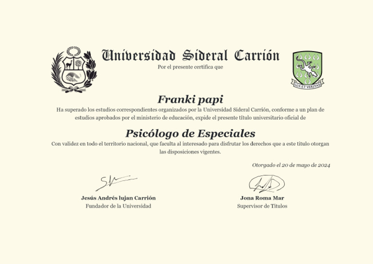 Universidad Sideral Carrion - Titulo de Franki Papi en El Area de ...