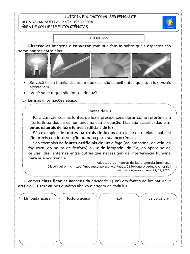 Fontes de Luz: Naturais e Artificiais | PDF | Ciências e Matemática