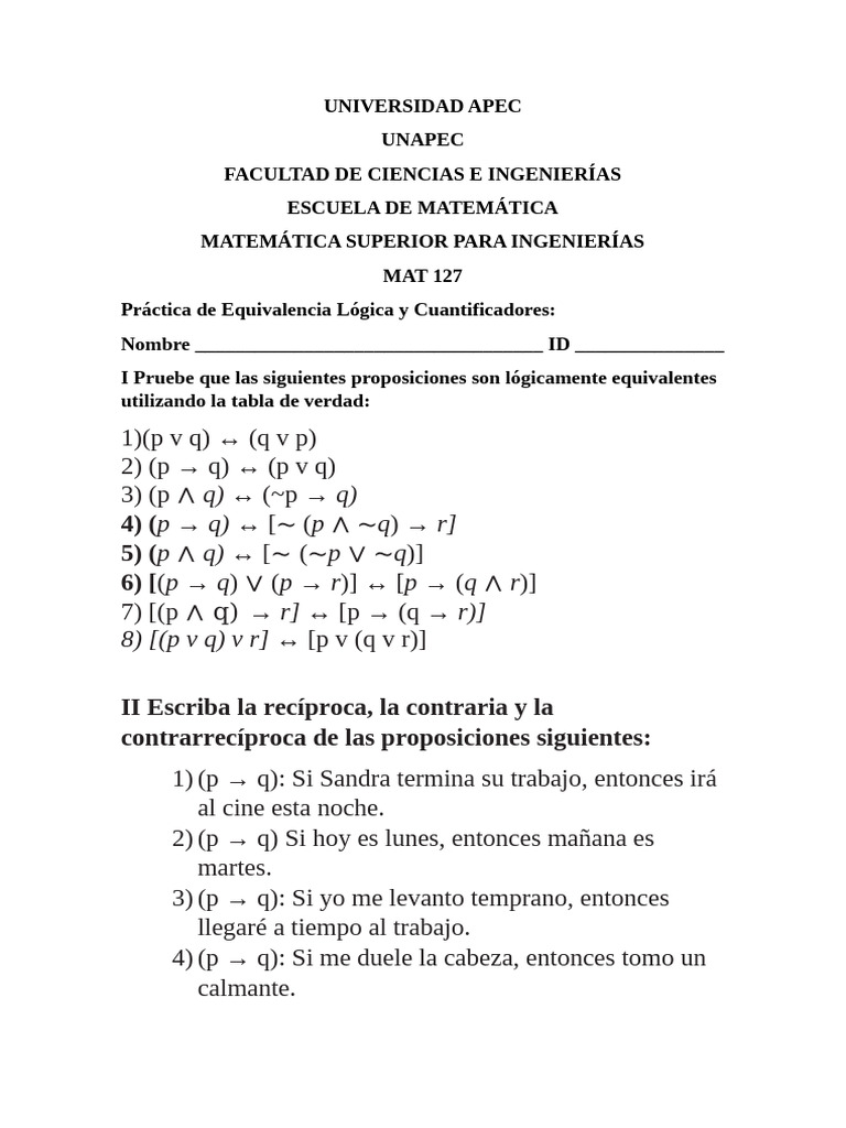 Práctica de Equivalencia Lógica y Cuatificadores Revisada | PDF ...