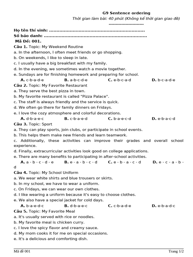 Sentence Ordering Practice G9 | PDF | Foods | Cuisine