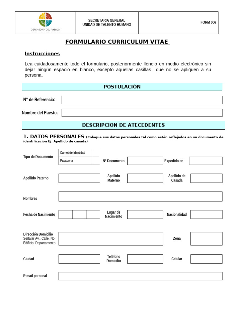 Formulario de Curriculum Vitae | PDF | Documento de identidad