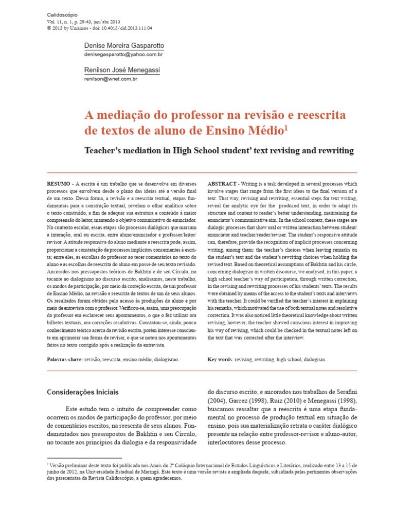 Mediação do Professor na Reescrita Textual | PDF | Revisão | Copidesque