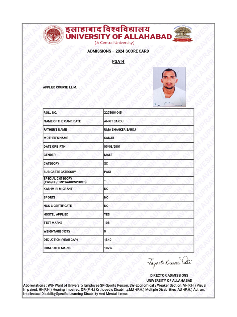 Ankit Saroj PGAT-I Admission Score 2024 | PDF