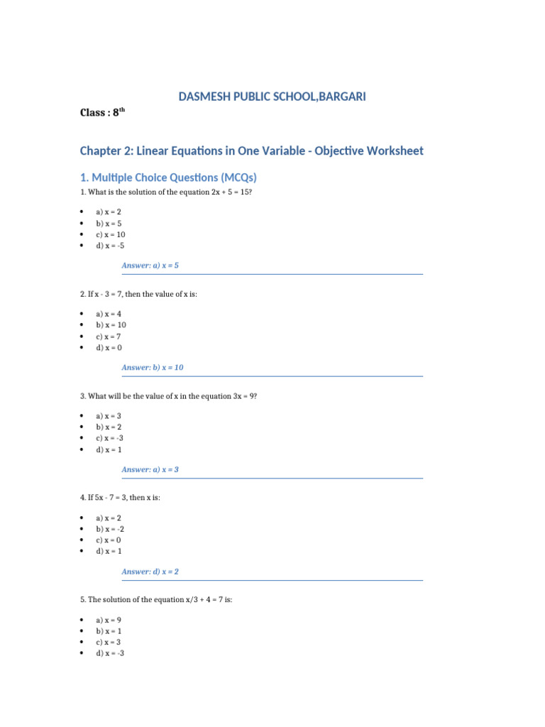 Chapter 2 Linear Equations Objective Worksheet | PDF | Equations ...