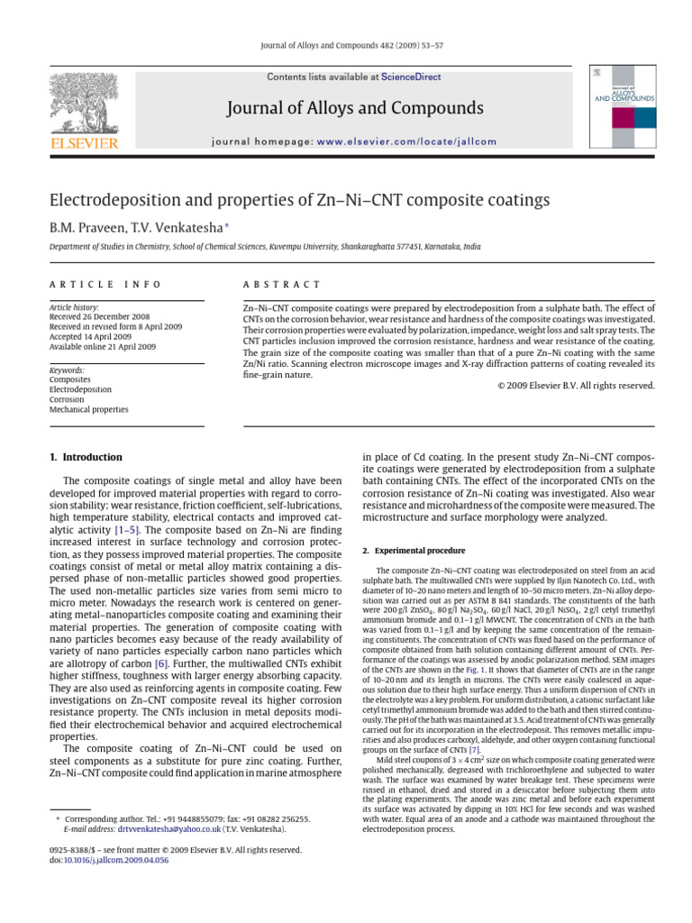 Electrodeposition and Properties of Zn-Ni-CNT Composite Coatings | PDF ...