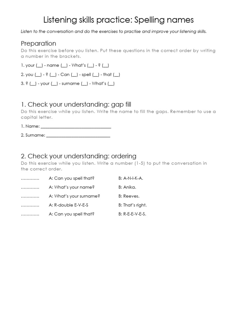 Spelling Names Listening Exercise | PDF