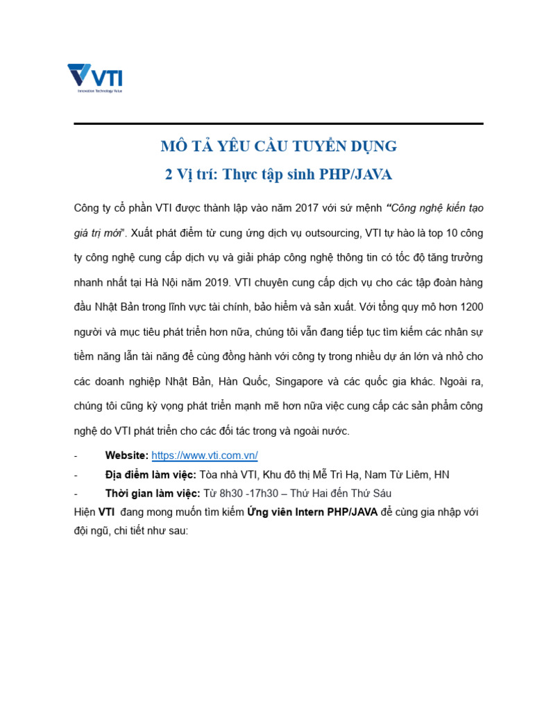 Vti JD Intern PHP Java - Docx 2 1 1 1 2 | PDF