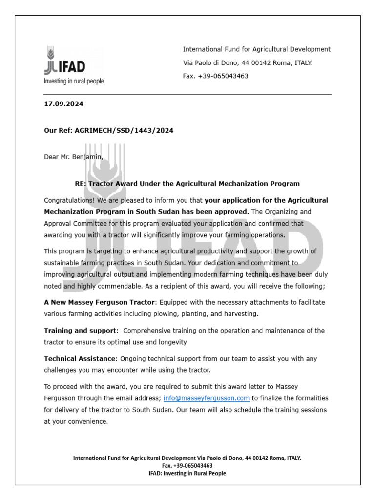 IFAD Tractor Award Letter - Benjamin Mark | PDF | Tractor | Agriculture