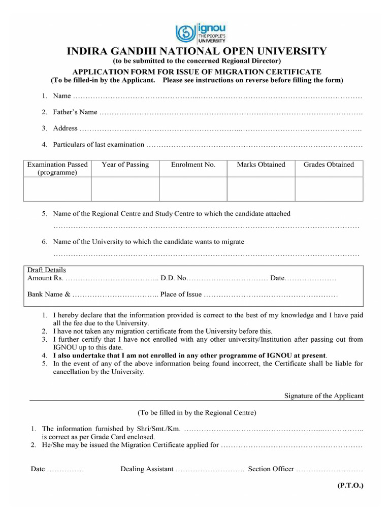 Application form for ignou migration certificate pdf
