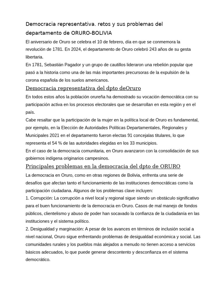 Retos de la democracia en Oruro | PDF | Democracia | Ideologías políticas