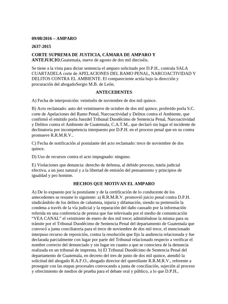 Amparo por Incompetencia en Proceso Penal | PDF | Debido al proceso ...