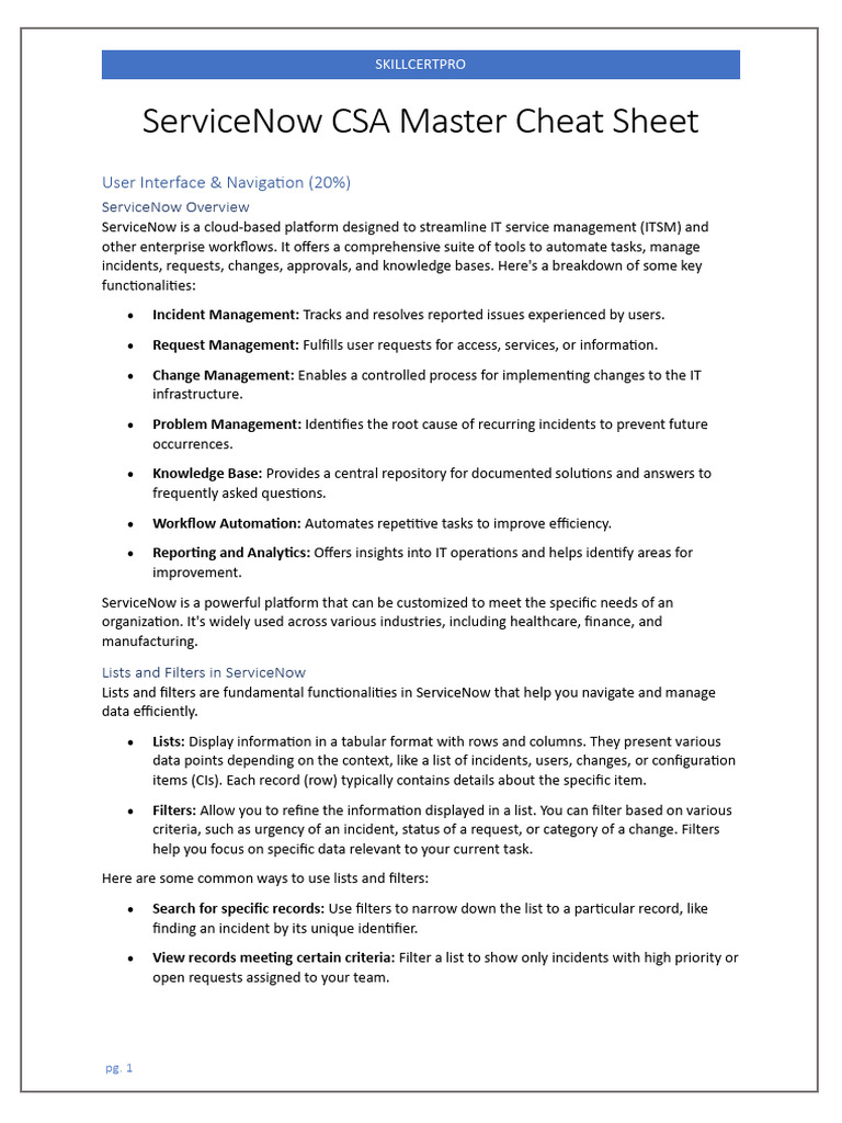 ServiceNow CSA Master Cheat Sheet | PDF | Database Schema | Databases