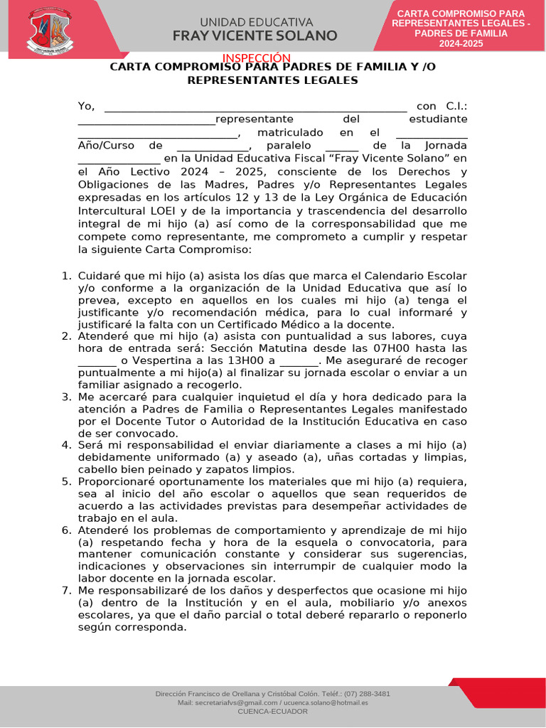 Carta Compromiso 2024-2025 Padres | PDF | Salón de clases