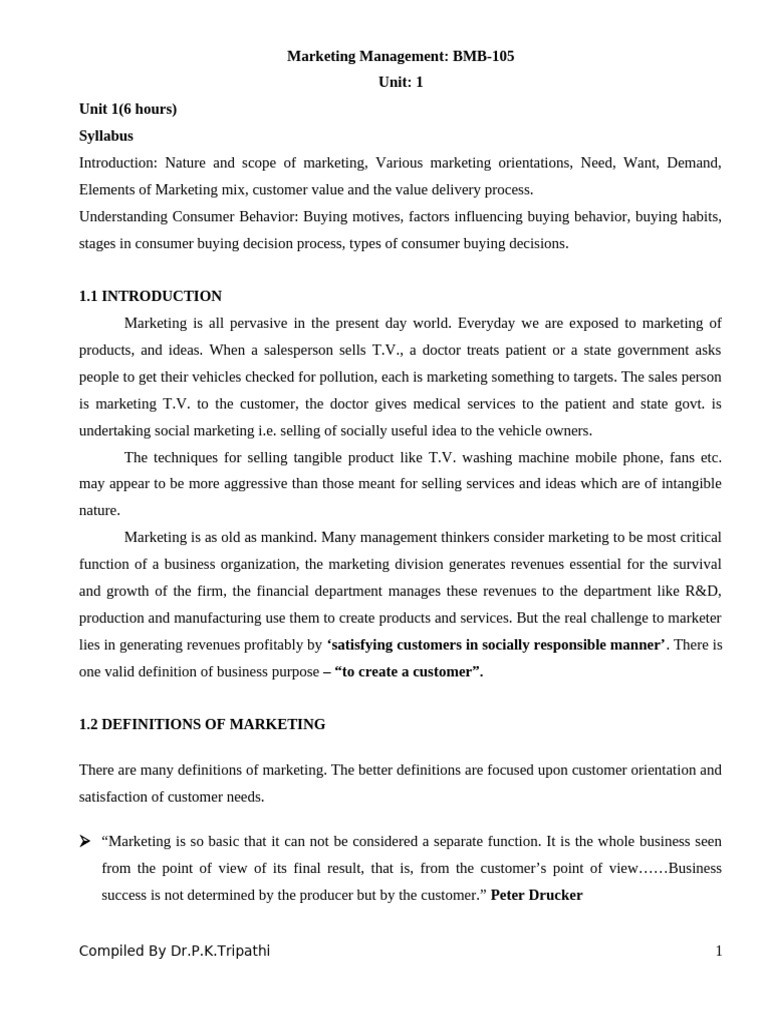 Unit 1 Marketing Management | PDF | Marketing | Consumer Behaviour