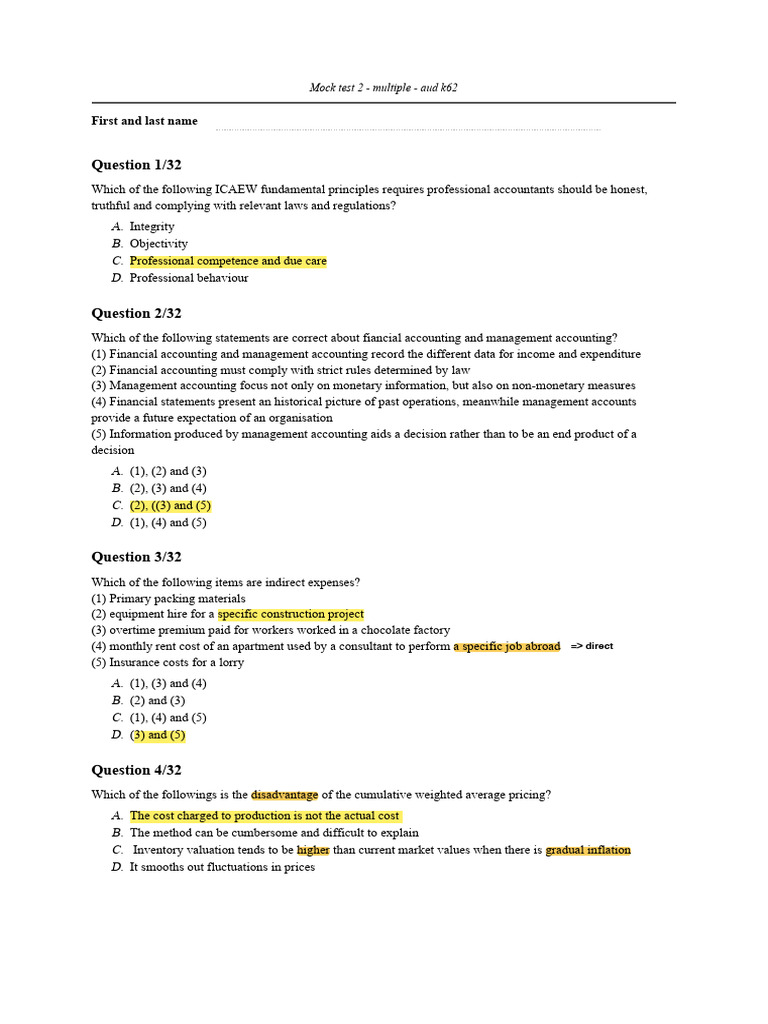 Mock Test 2 - Multiple - Aud k62 - Questions | PDF | Investing | Financial  Accounting