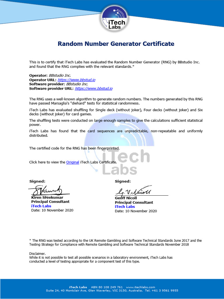 iTech Labs RNG Compliance Certificate | PDF
