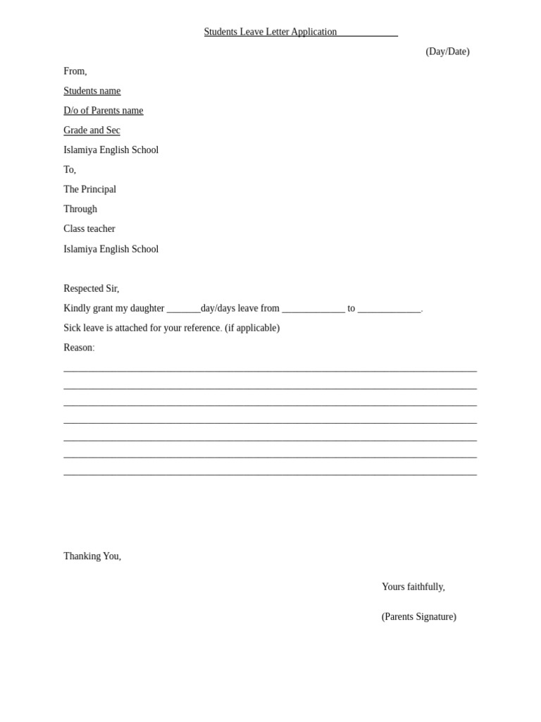 Student Leave Letter Template | PDF | Career & Growth | Business