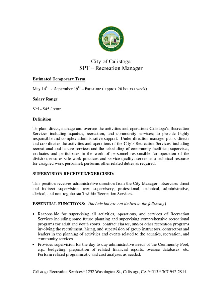 Recreation Manager Job Description. PDF Recreation Professional