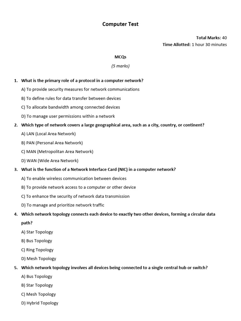 Class VIII Computer Test PDF Computer Network Network Topology Class viii computer test pdf computer network network topology