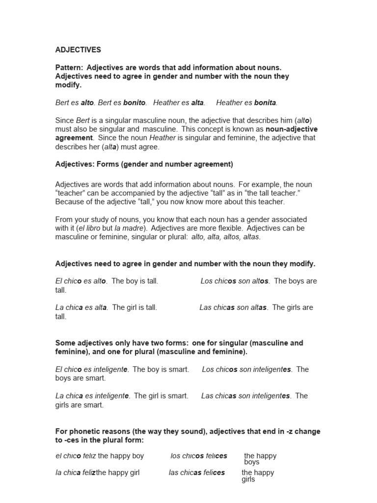 Understanding Adjective Agreement in Spanish | PDF | Language Arts ...