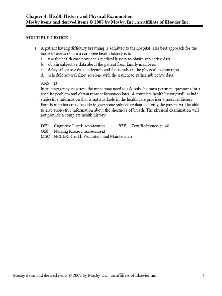 Chapter 4 health history and physical examination mosby items and