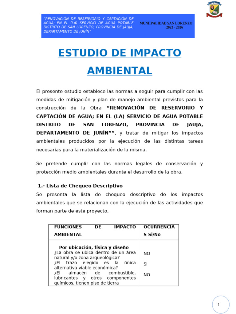 Estudio de Impacto Ambiental San Lorenzo | PDF | Agua | Reservorio