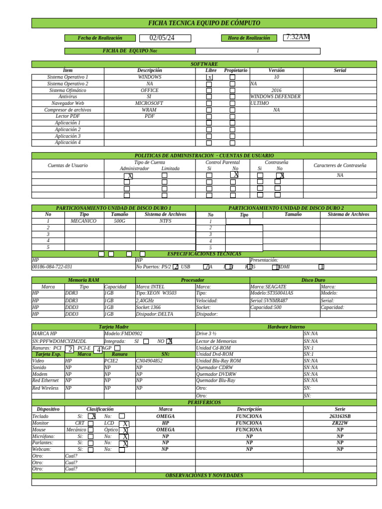 Ficha Técnica de Equipo de Cómputo | PDF | Hardware de la computadora ...