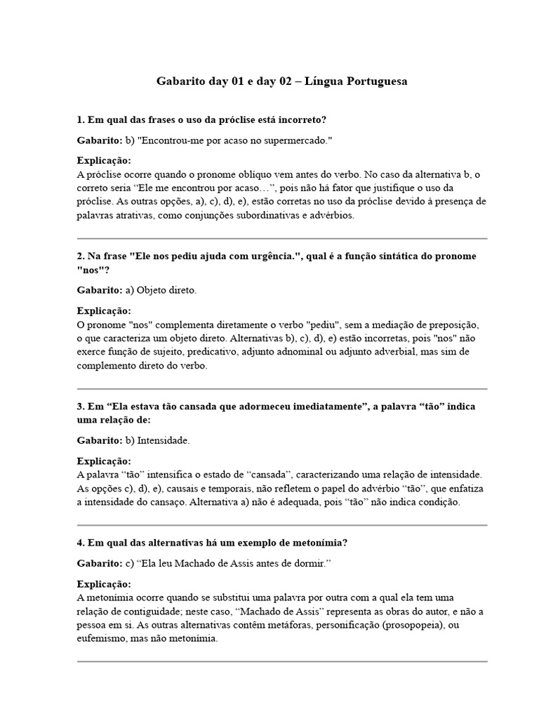 Gabarito Day 01 e Day 02 | PDF | Pronome | Gramática