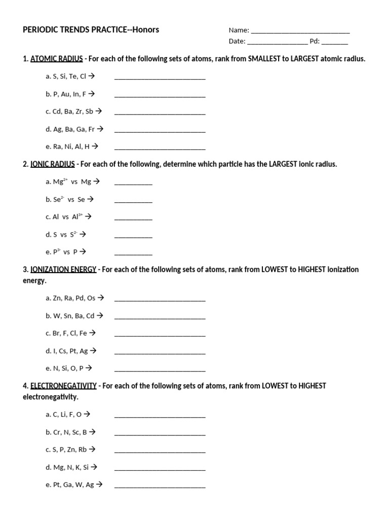 Periodic Trends Practice Worksheet | PDF