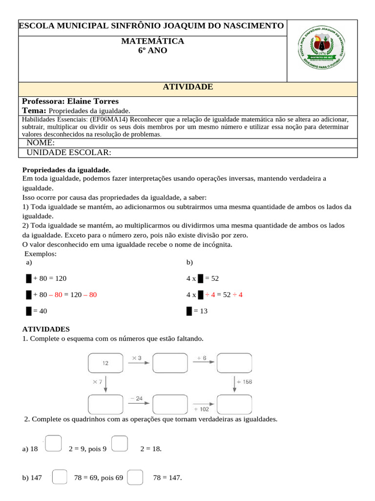 Atividades sobre Propriedades da Igualdade | PDF | Matemática