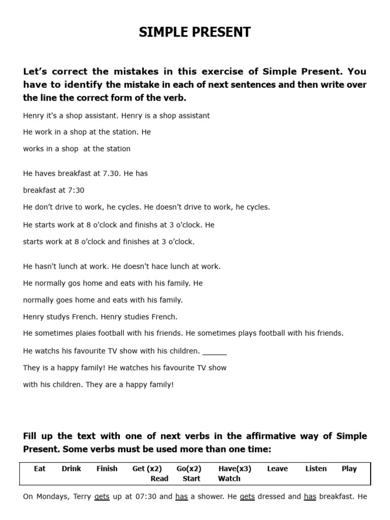 Simple Present Verb Correction Exercise | PDF
