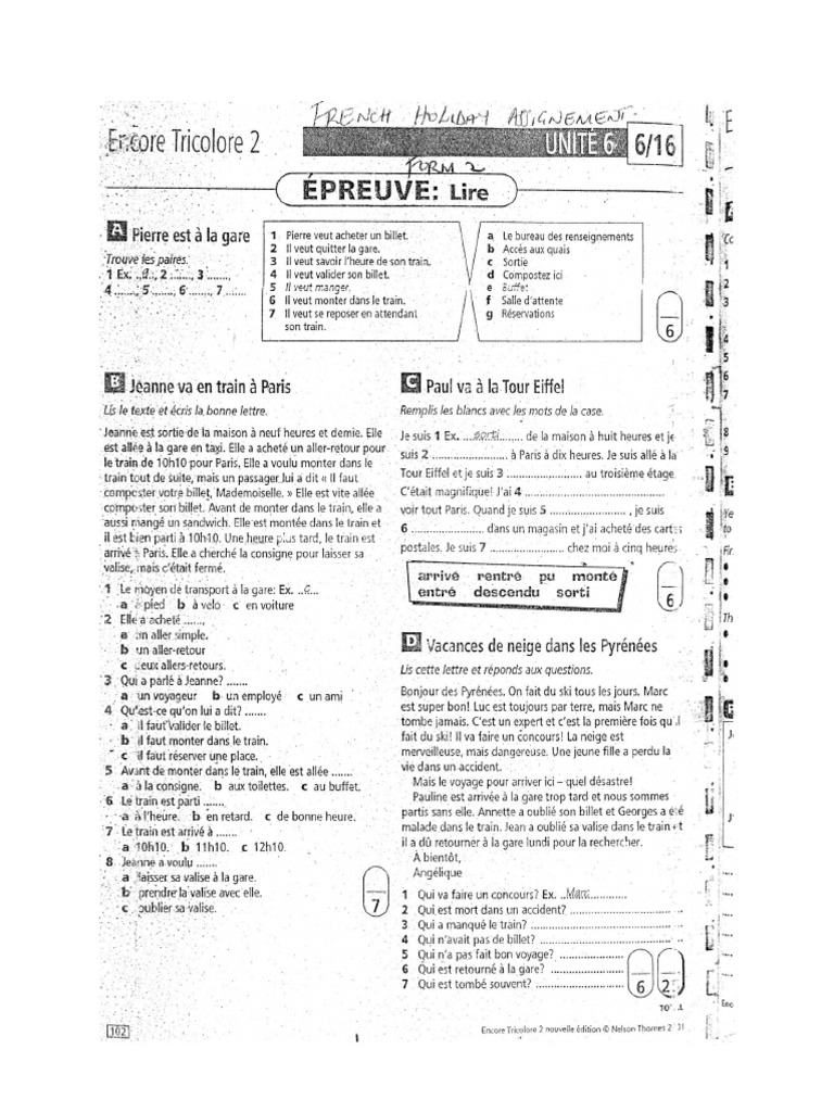French Assignments - Form 2 - French | PDF