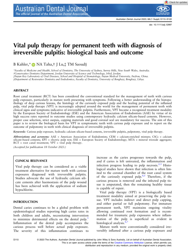 Vital Pulp Therapy For Permanent Teeth With Diagnosis of Irreversible ...