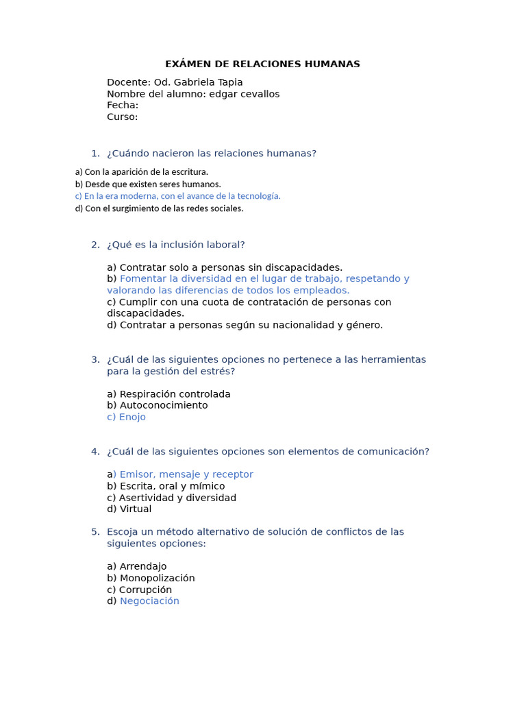 Examen de Relaciones Humanas y Comunicación | PDF