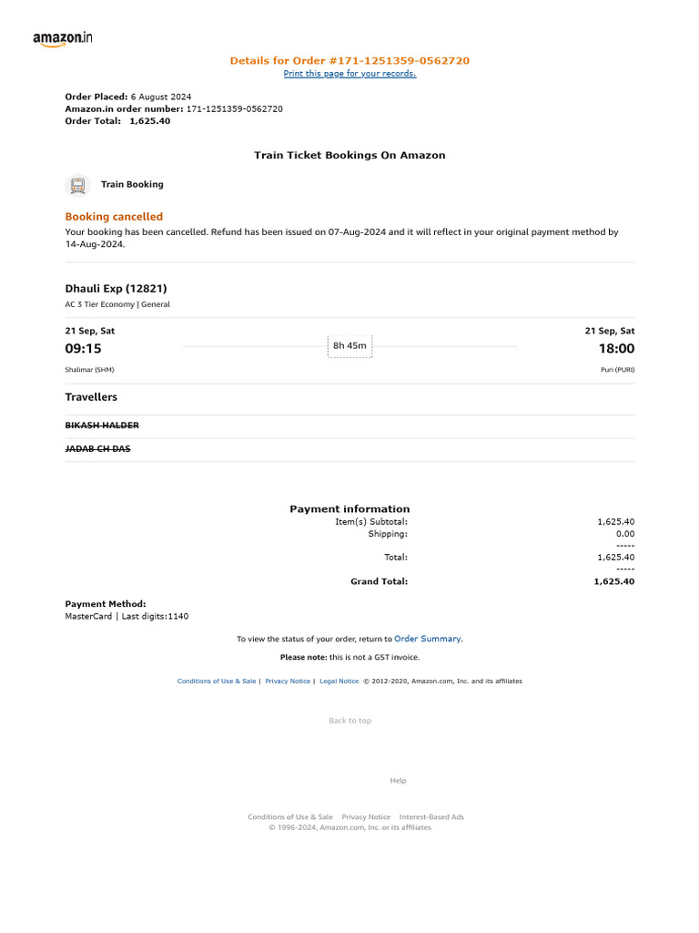 Amazon Train Ticket Order Cancellation | PDF | Payments