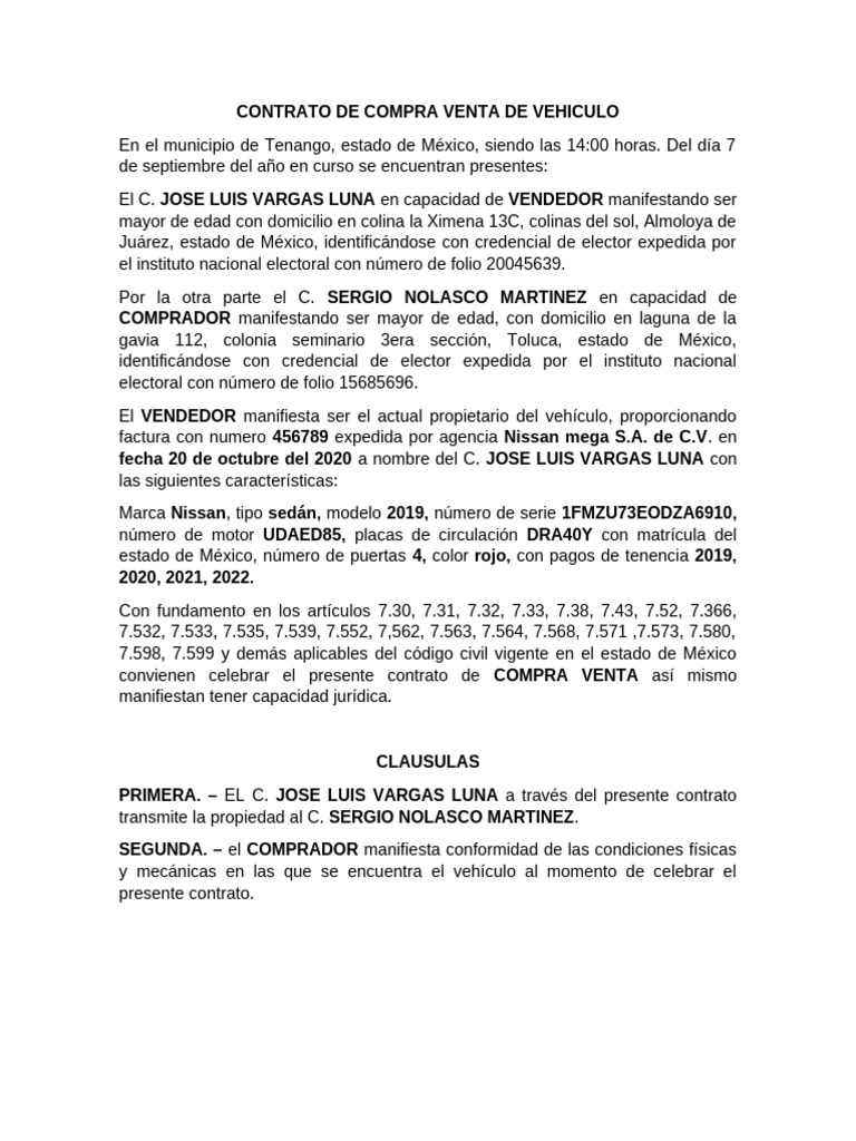 Contrato de Compra Venta Vehículo | PDF | Ley común | Derecho civil ...