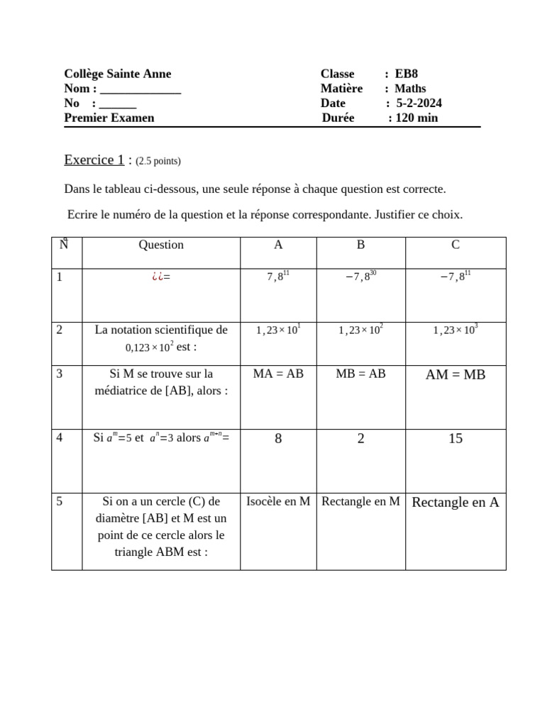 Examen de Maths EB8 - 5 Février 2024 | PDF | Triangle | Géométrie