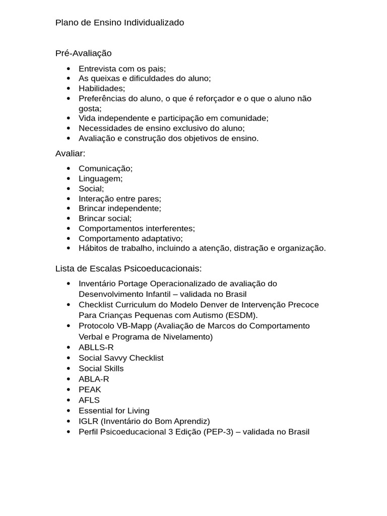 Plano de Ensino Individualizado: Estrutura e Avaliação | PDF | Carreira ...