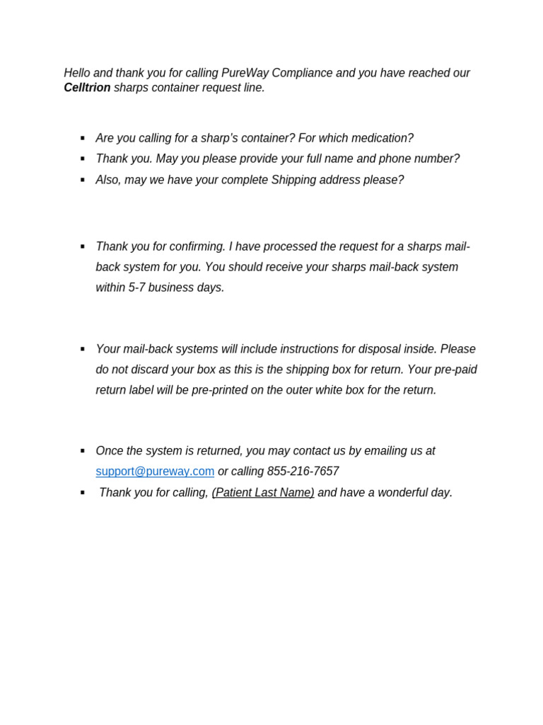 Celltrion Support Script (Order Taking) Rev | PDF