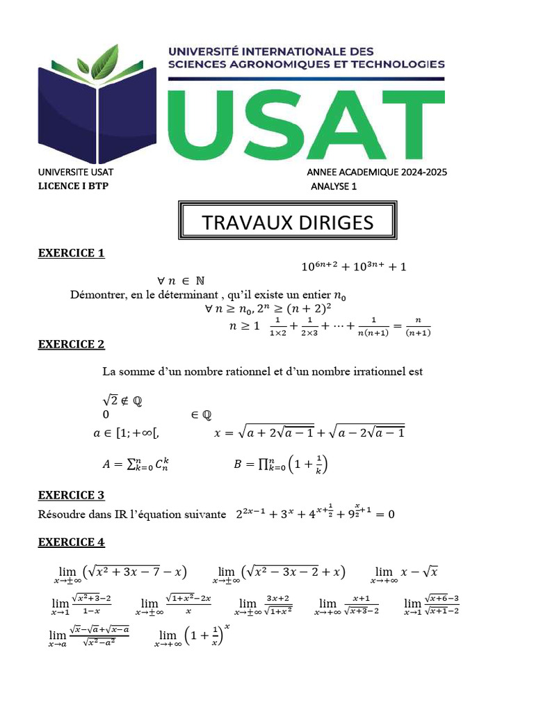 TD Analyse 1 Usat (Licence 1 BTP) | PDF | Tangente (géométrie) | Nombre ...