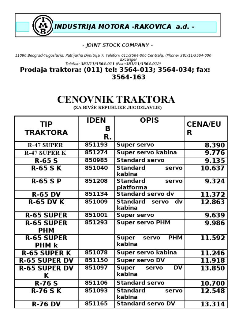 Price List for Tractors from Industrija motora Rakovica a.d. Beograd ...